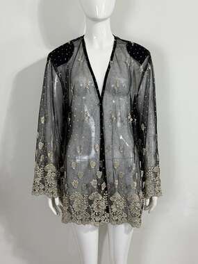 Vintage MaxiMa XL Mesh Kimono Cardigan Embroidered Gold Floral Whimsigoth Fairy